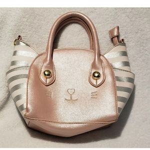 Luv Betsey By Betsey Johnson Mini Cat Face Crossbody Purse Pink W/Gry/WHT Stripe